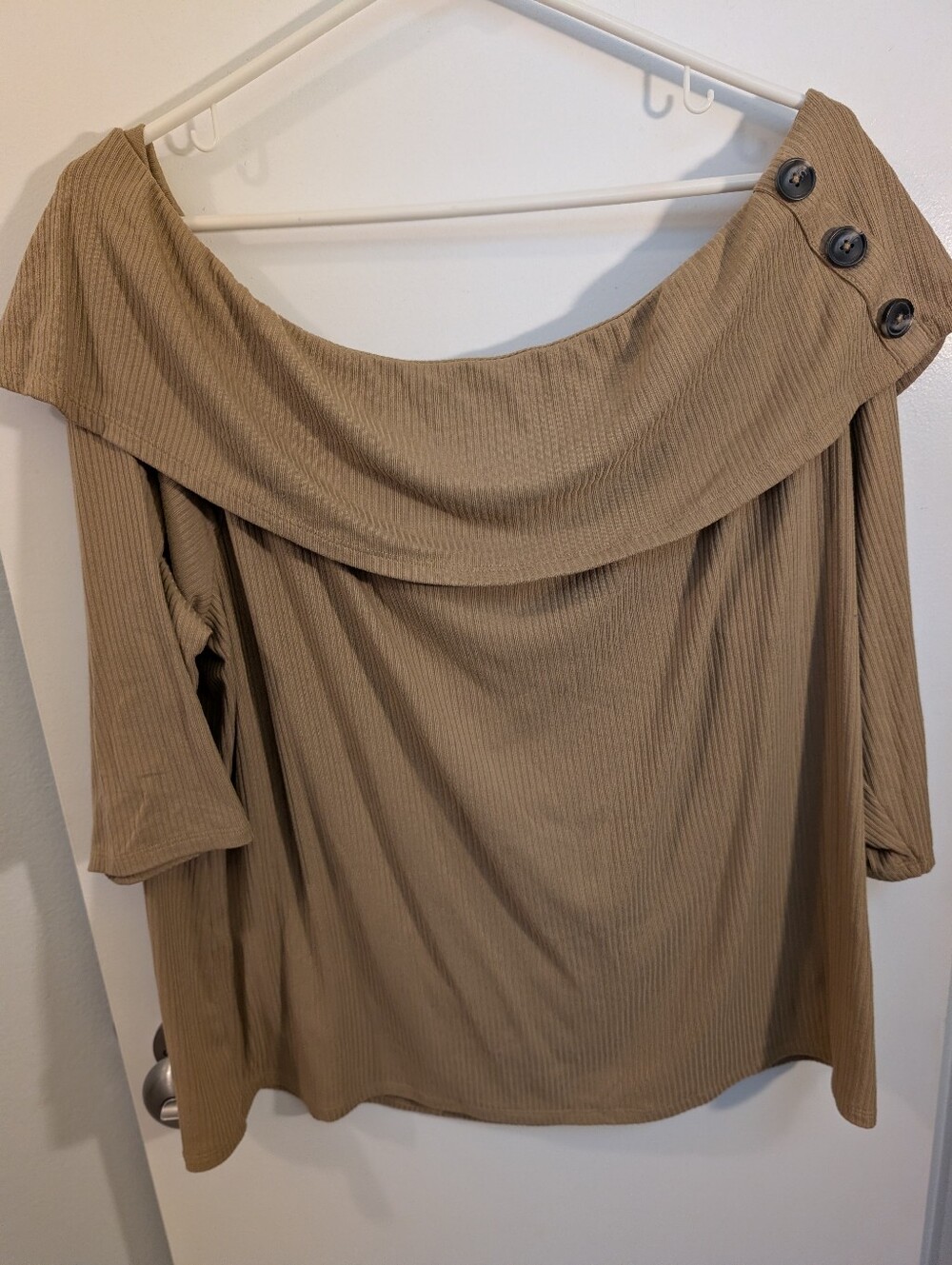 Lane Bryant Off-Shoulder Ribbed Top With Button Accent in Deep Tan